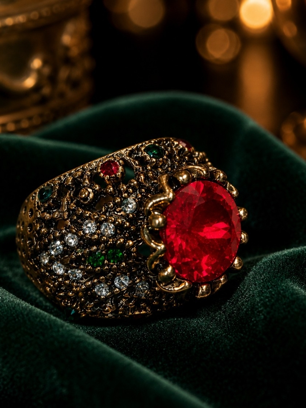 Vintage Gold Tone Red Crystal Filigree Statement Cocktail Ring Size 8